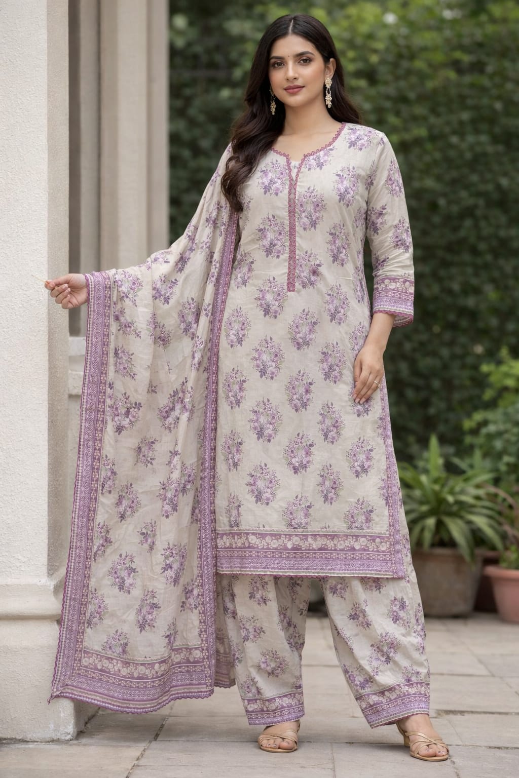 Bin Saeed 3-Piece Stitched Lawn Suit – Cream & Lilac Floral Elegance