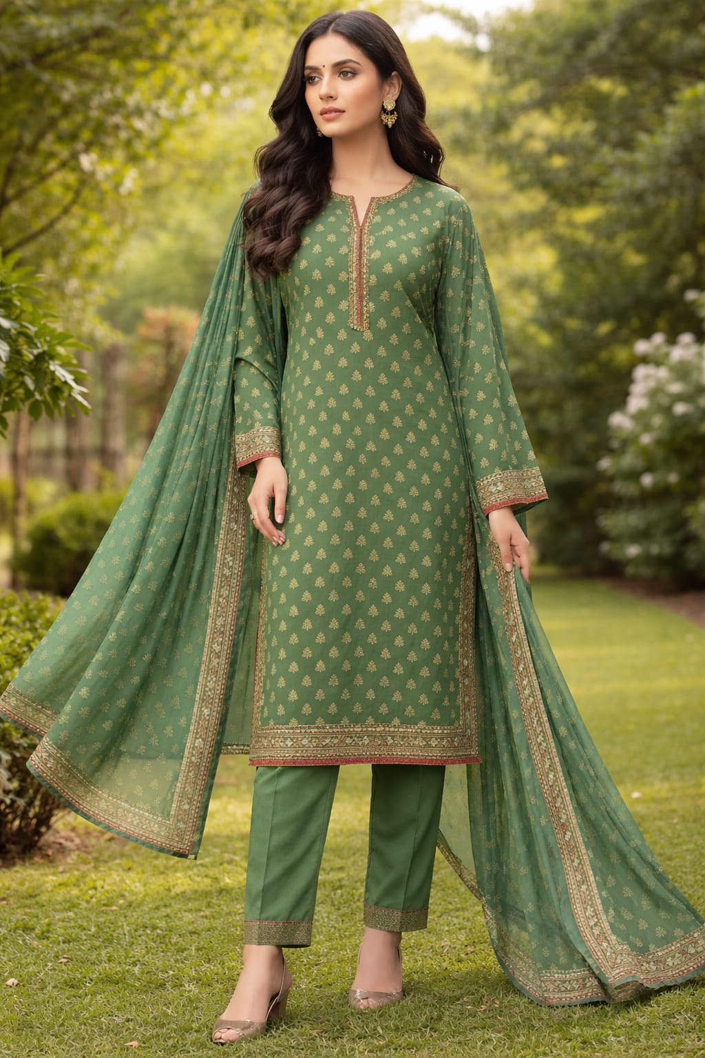 Dark Green Lawn 3 Piece Suit by Bin Saeed