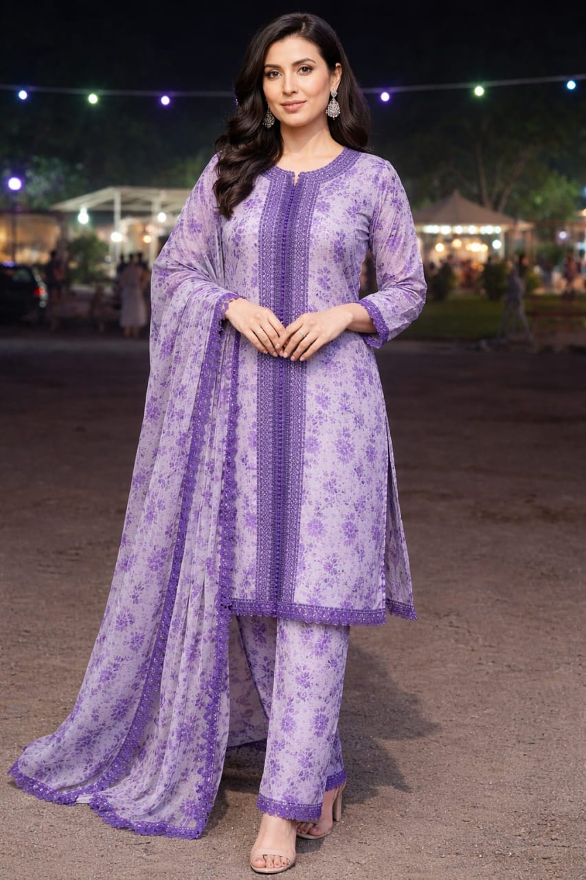 Ready to Wear Frock Style Lawn 3PC Suit by Bin Saeed (Purple)