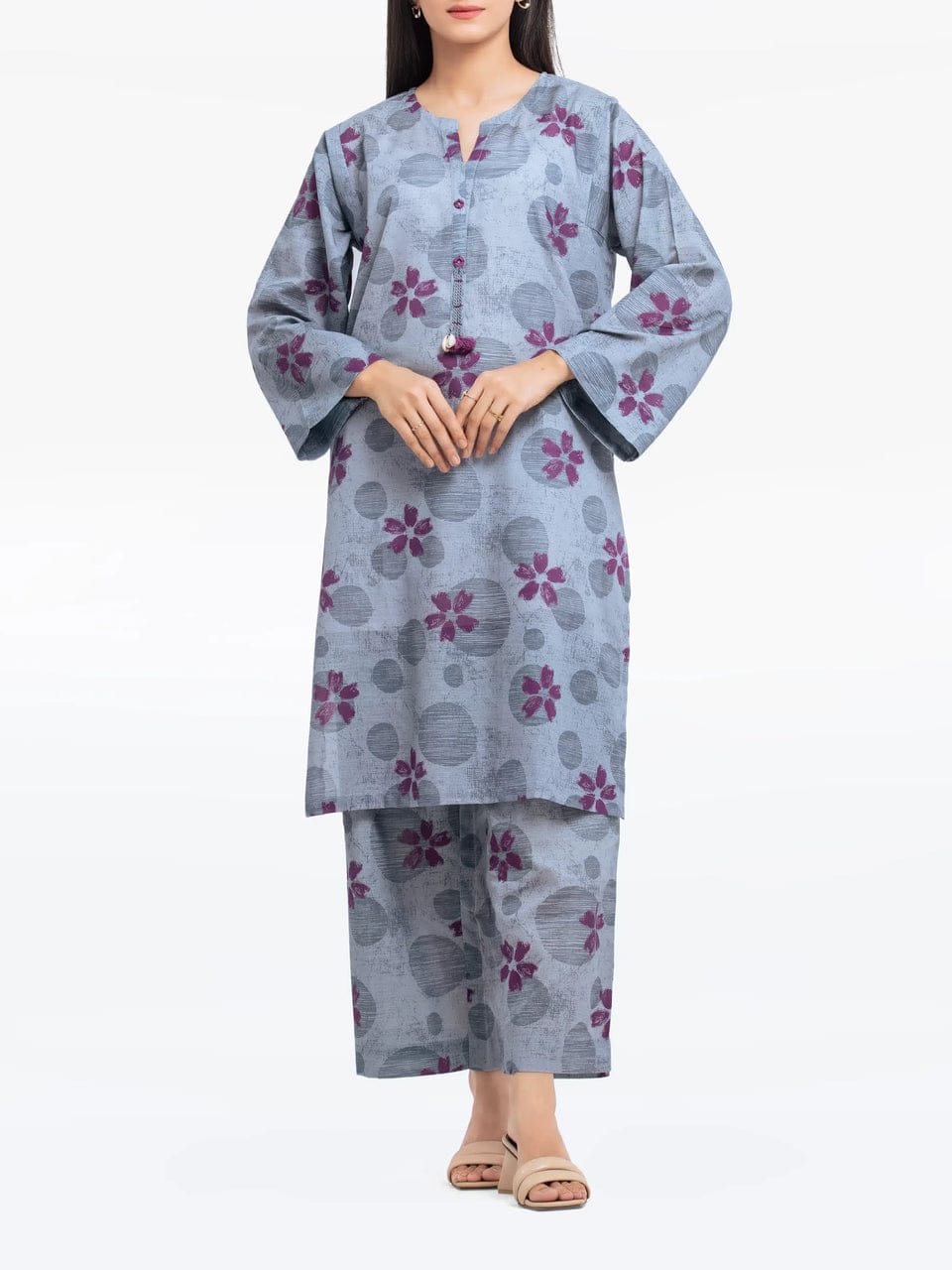 Pret 2 Pc Printed Khaddar Co-Ord Set - Purple Floral