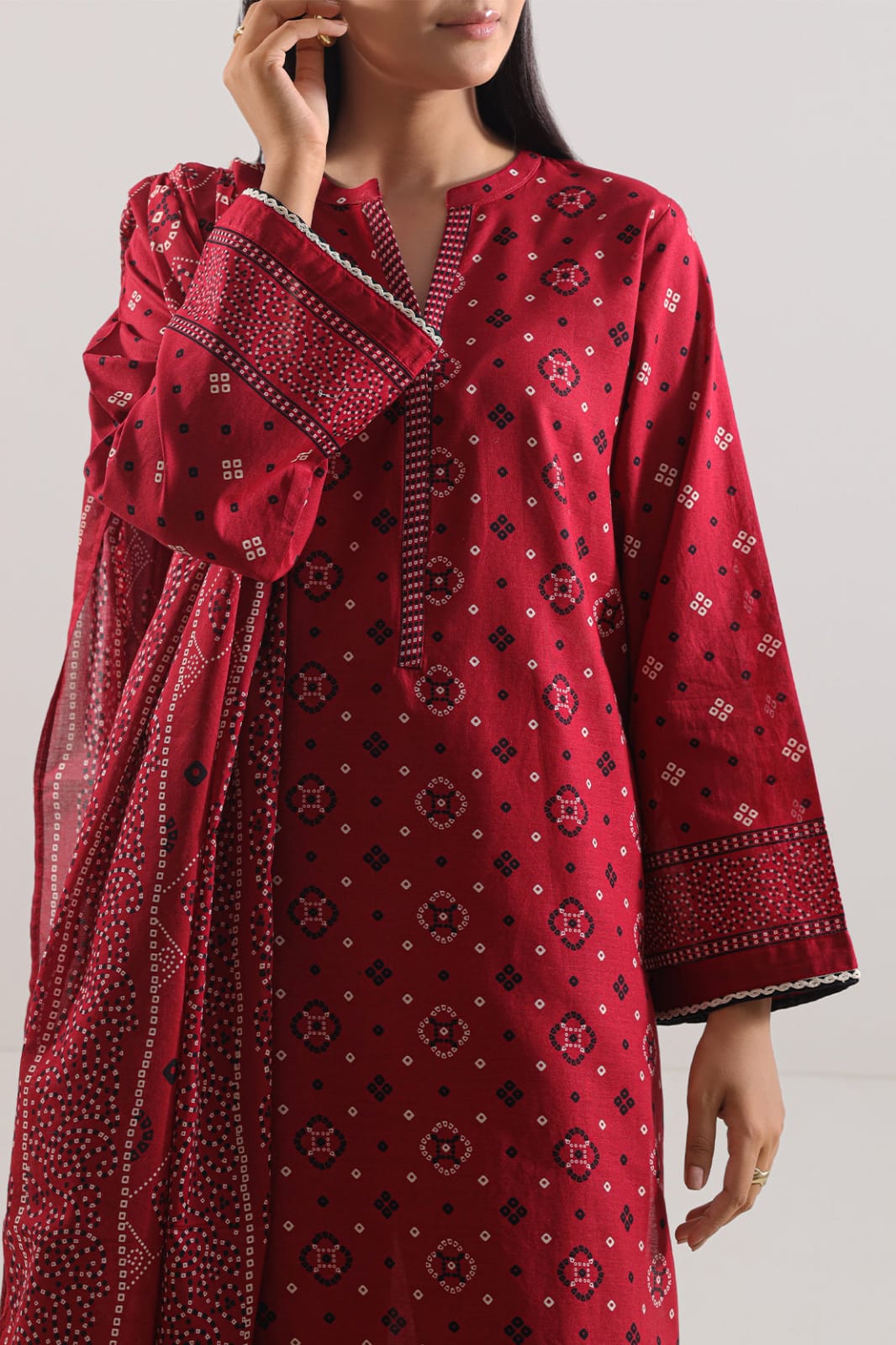 Saya red printed lawn three-piece